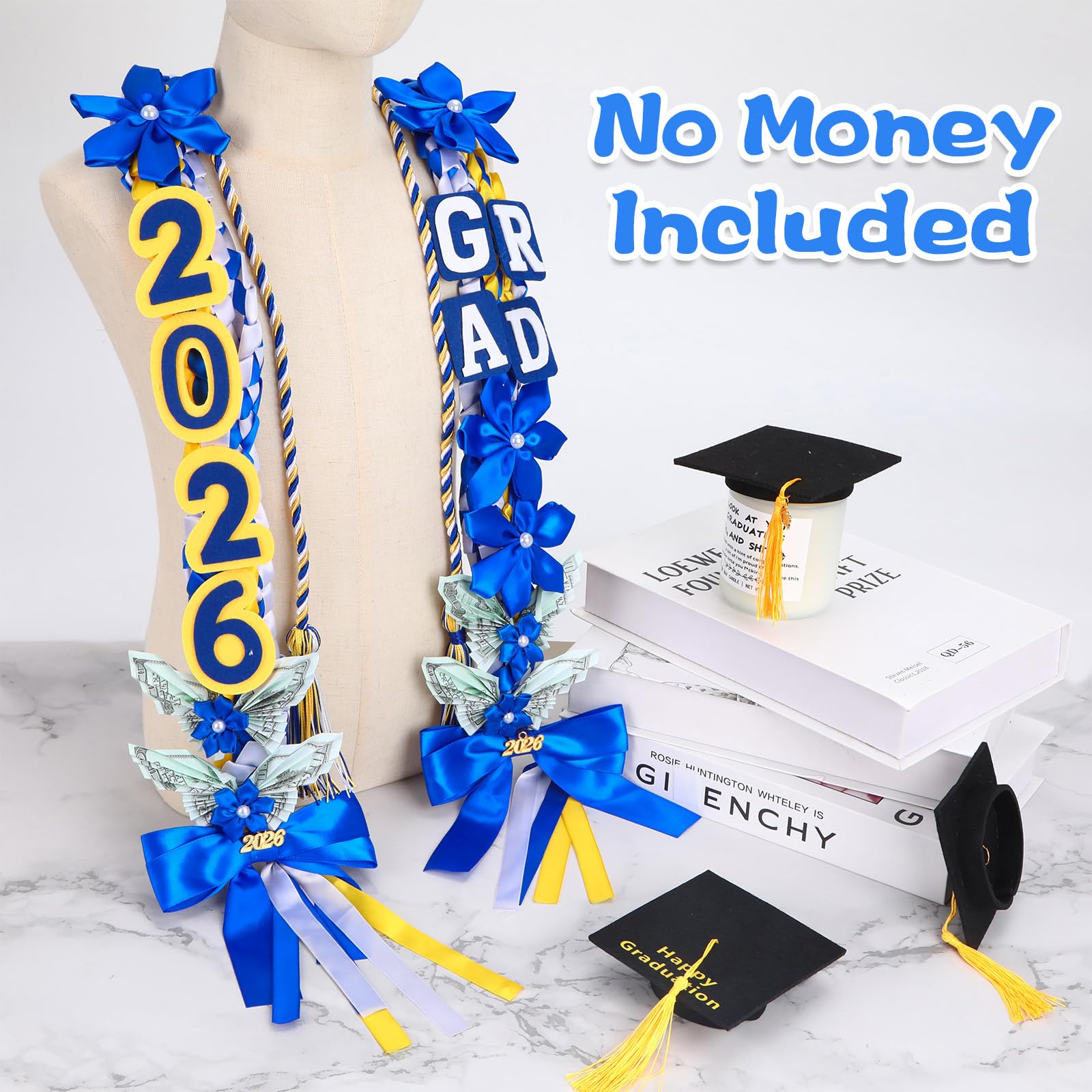 ONERIR 21Pcs Graduation Leis 2026, 50 Inch Class of 2026 Double Braided Money Lei with Satin Ribbon Flowers, Blue Yellow White Graduation Party Gifts for Women & Men ONERIR 21Pcs Graduation Leis 2026, 50 Inch Class of 2026 Double Braided Money Lei with Satin Ribbon Flowers, Blue Yellow White Graduation Party Gifts for Women & Men