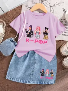 Girls' Anime Style Casual Short Sleeve Top & Denim Skirt Set, Cute Cartoon Pattern, Perfect for Beach Parties, Christmas Gift