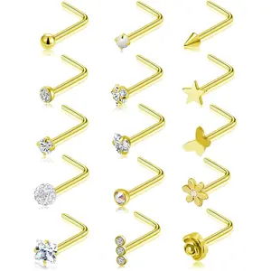 15 count G23 Titanium Nose Rings Stud L Shaped  Heart CZ Flower Butterfly Ball Nose Stud Pure Titanium Nostril   for Women Men 20G   Tone