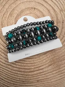 Western Faux Sterling Pearl & Multi-Color Turquoise Stretch Bracelet Set — 5-Piece Stack