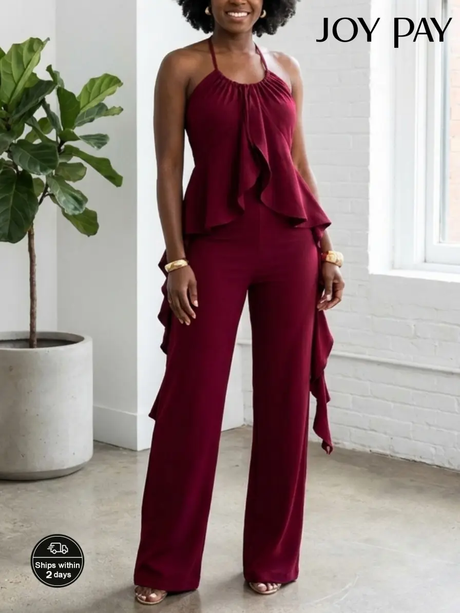 JOYPAY Womens Halter Ruffle Top and Wide Leg Pants Two Piece Set Elegant Evening Party Outfit Fabric Womenswear Casual Chic Clothes Feminine