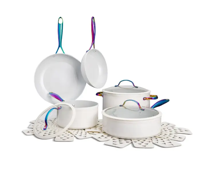 Thyme & Table 12-Piece Non-Stick Signature Cookware Set, Pots and Pans Set - Cream Rainbow
