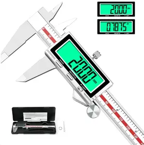 Digital caliper with backlit LCD display, all stainless steel body, precision measuring tool supporting inch, metric, and fraction conversions, suitable for professional and industrial applications (6 inches/150 mm).