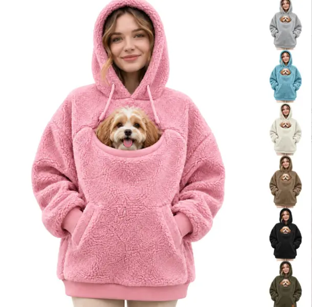 Women Fuzzy Fleece Hooded Jacket, Double-Sided Plush Oversized Winter Coat with Pet Pouch Pocket