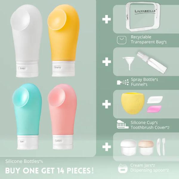 14 Pcs Travel Bottles for Toiletries Leak Proof, TSA Approved Travel Size Containers with Suction Cup, Refillable Travel Toiletry Accessories Shampoo Conditioner, 89ml