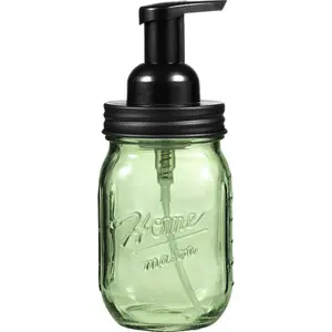 16OZ Green Glass Mason Jar Foaming Soap Dispenser, Plastic Pump & Stainless Steel Lid, Refillable Hand Soap Dispenser for Kitchen Bathroom, Farmhouse Decor for Foaming Dish Soap, Black 1 Pack