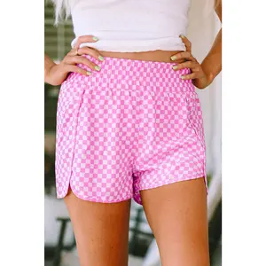 Pink Plaid High Waisted Athletic Shorts
