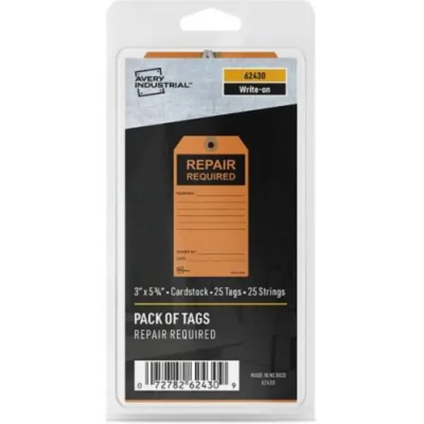 Avery AVE62430 Preprinted Required Repair & Maintenance Tags, Orange, 5.75 inches x 3 inches Cardstock, Pre-Strung No. 9 Cotton Twine, Easy-to-Identify Office Label Supplies