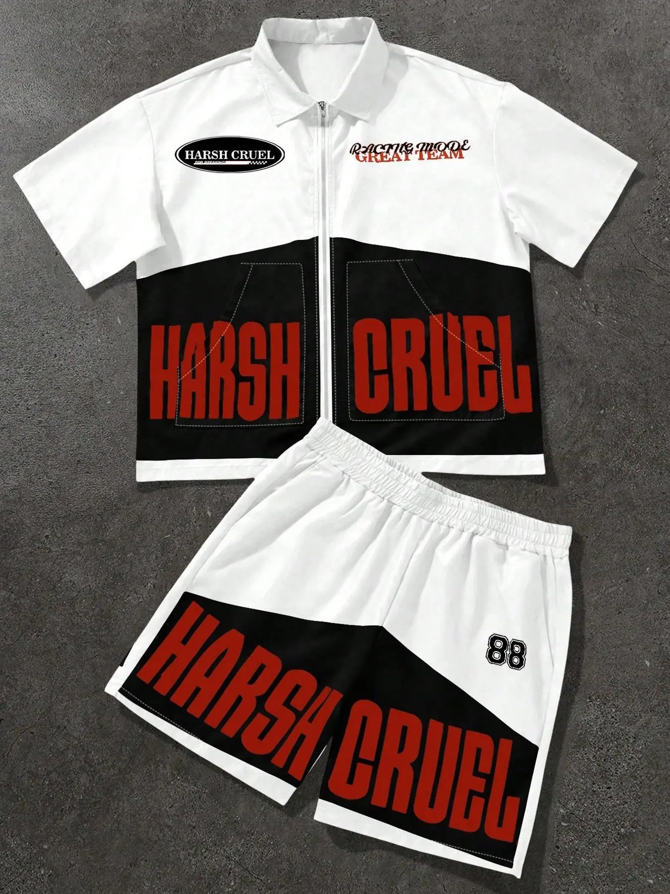 HARSH AND CRUEL Men's Racingcore Athletic Streetwear Matching Set Oversized Short Sleeve Zip-Up Shirt & Graphic Prints Shorts 2 Piece Tracksuit Retro Motor Style Outfit for Summer Festival & Clubwear