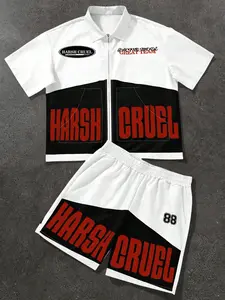 HARSH AND CRUEL Men's Racingcore Streetwear Set Oversized Short Sleeve Zip-Up Shirt & Graphic Shorts 2 Piece Tracksuit Retro Motor Style Outfit for Summer Festival & Clubwear
