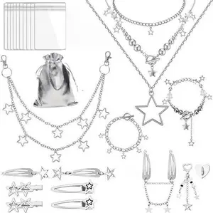 Y2K Accessories Set, Goth Grunge Aesthetic Kit, Layered Star Silver Necklace, Cute Bracelet, Star Hair Clip, Y2K Sunglasses, Keychain, Hip Hop Pants Chain Belt, Vintage Y2K Fashion Accessories for Women Teen Girls Streetwear Party Outfit