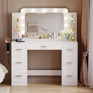 Makeup Vanity Desk With Mirror & Lights, Large Vanity With 7 Drawers & 4 Storage Shelves