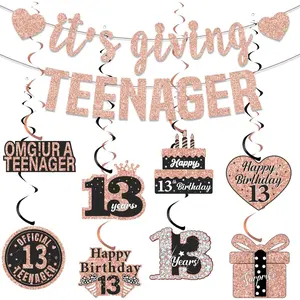 13th Birthday Decorations Banner Girls - 10 Pcs Rose Gold It's Giving Teenager Banners Numbers 13 Circle Cake Heart Shape Hanging Swirls Party Supplies for Thirteen Year Old Official Teen Gifts Decor