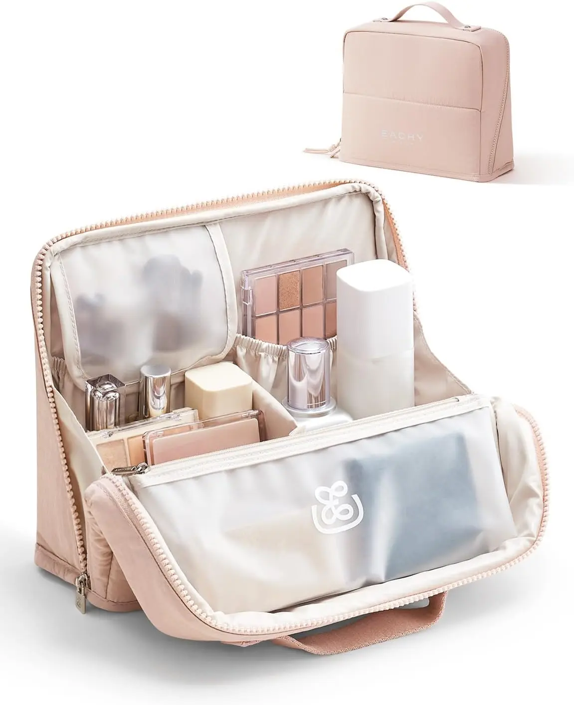 EACHY Standing Makeup Bag - Large Waterproof Cosmetic Bag & Toiletry Bag Organizer with Phone Holder, Detachable Dividers, Wipe-Clean Brush Pouch for Women