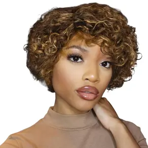 Cliclihair Brazilian Pixie Cut Curly Wig Women Highlights P4/27 Human Hair Thick Curls Wear And Go Short Wig For Black Women