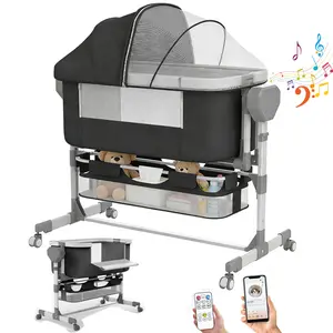 Rocking Bassinet for Baby, Electric Bassinet Automatic 5 Rocking Motion Bassinet Bedside Sleeper for Newborn, Auto Rolling Baby Cradle 6 Height Adjustable with 4 Lullabies, Wheels, Storage