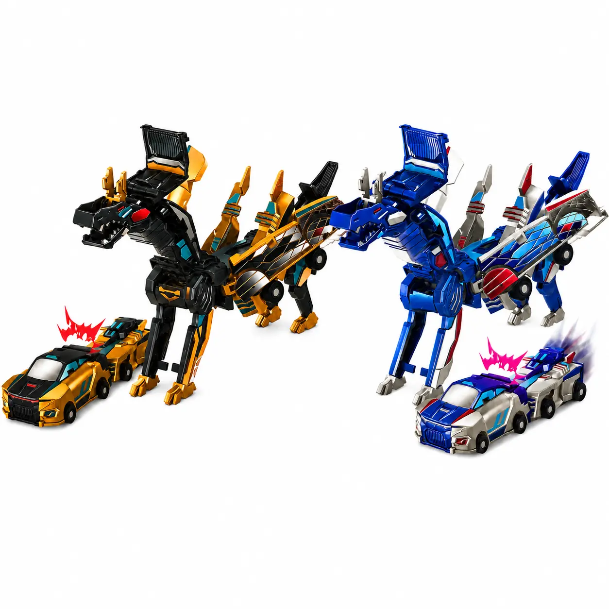 BYTEWAR 2-Pack Magnetic Transforming Dinosaur Car Toys, Yellow & Blue Collision Vehicle Sets, 4 Cars Combine into 2 Dragon Figures, No Batteries, Interactive Mechanical Toy Gift for Kids