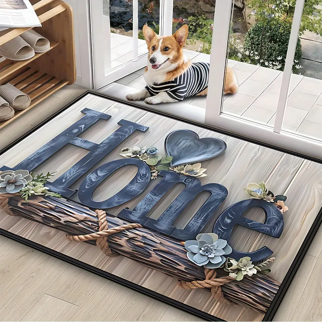 1pc Sea Blue Heart Fleece Washable Floral Rug, Modern Home Decor with Elegant Blue Flower, Suitable for Office, Bathroom, Patio Textile Mat
