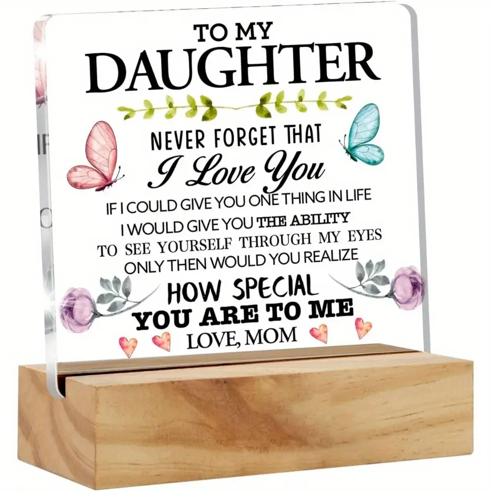 Floral Acrylic Desk Sign with Wood Stand, Mom-Daughter Gift Decor, Room Decor with Flowers, Home Office Keepsake for Birthday Christmas