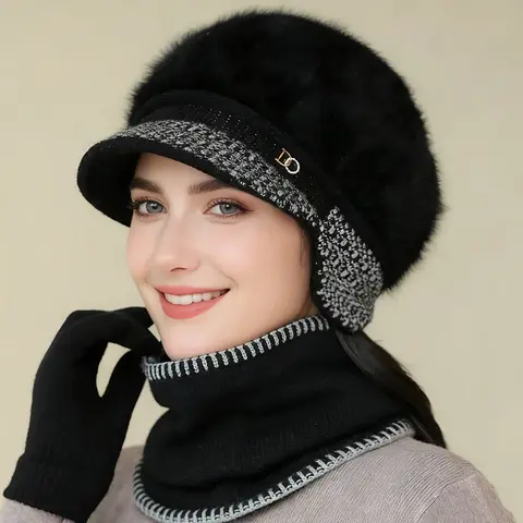 Female Winter Keep Warm Hats 2-Piece Polyester Ear Protection Hat & Scarf Set - Stylish Fleece-Lined Thick Visor Brim Beret Cap, Gingham, Stretchable, Casual Daily, Hand Wash Only