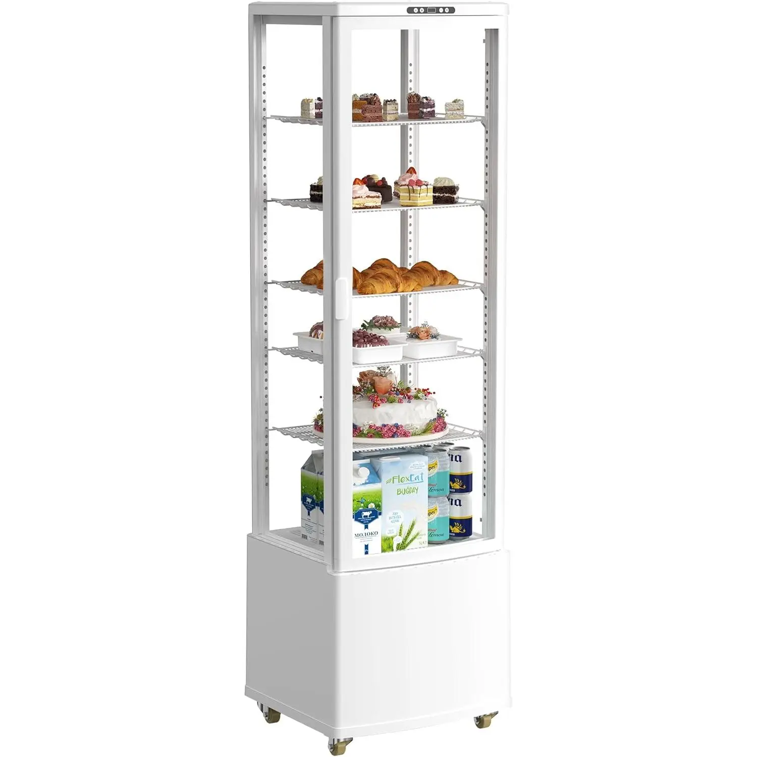 Upstreman Commercial Bakery Cake Shop Refrigerator - 10 Cu. Ft (280L) Tempered Glass Double-Layer LED-Display Cooler, 32°F to 53.6°F Precise Digital Temp Control, Auto Defrost, Wheels, ETL Listed, 21.26x18.5x74.25 In Cooler for Cafe, Hotel
