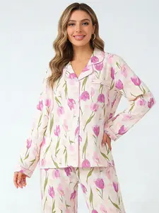 Cottagecore Style Cream White Tulip Pajama Set for Women, Button Down Long Sleeve Long Pants, All Season Wearable Breathable Loungewear, Floral Print, Cozy Home Outfit