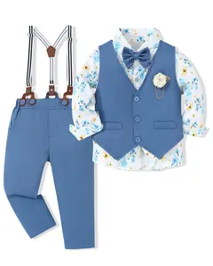 5Pcs Boy Suits Clothes Formal Dress Shirt+Bowtie+Vest+Boutonniere+Suspender Pants Boys Gentleman Outfits Set