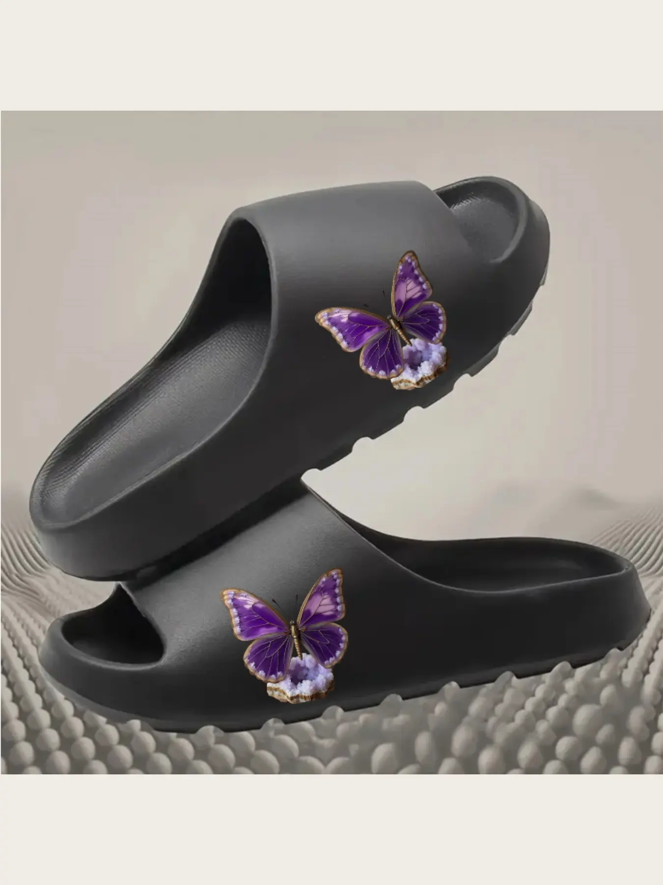 Women's Fashion Slippers with Purple Butterfly & Amethyst Crystal Print Non Slip Indoor Outdoor Comfortable Soft Sole Open Toe Summer Beach House Shoes for Ladies Girls
