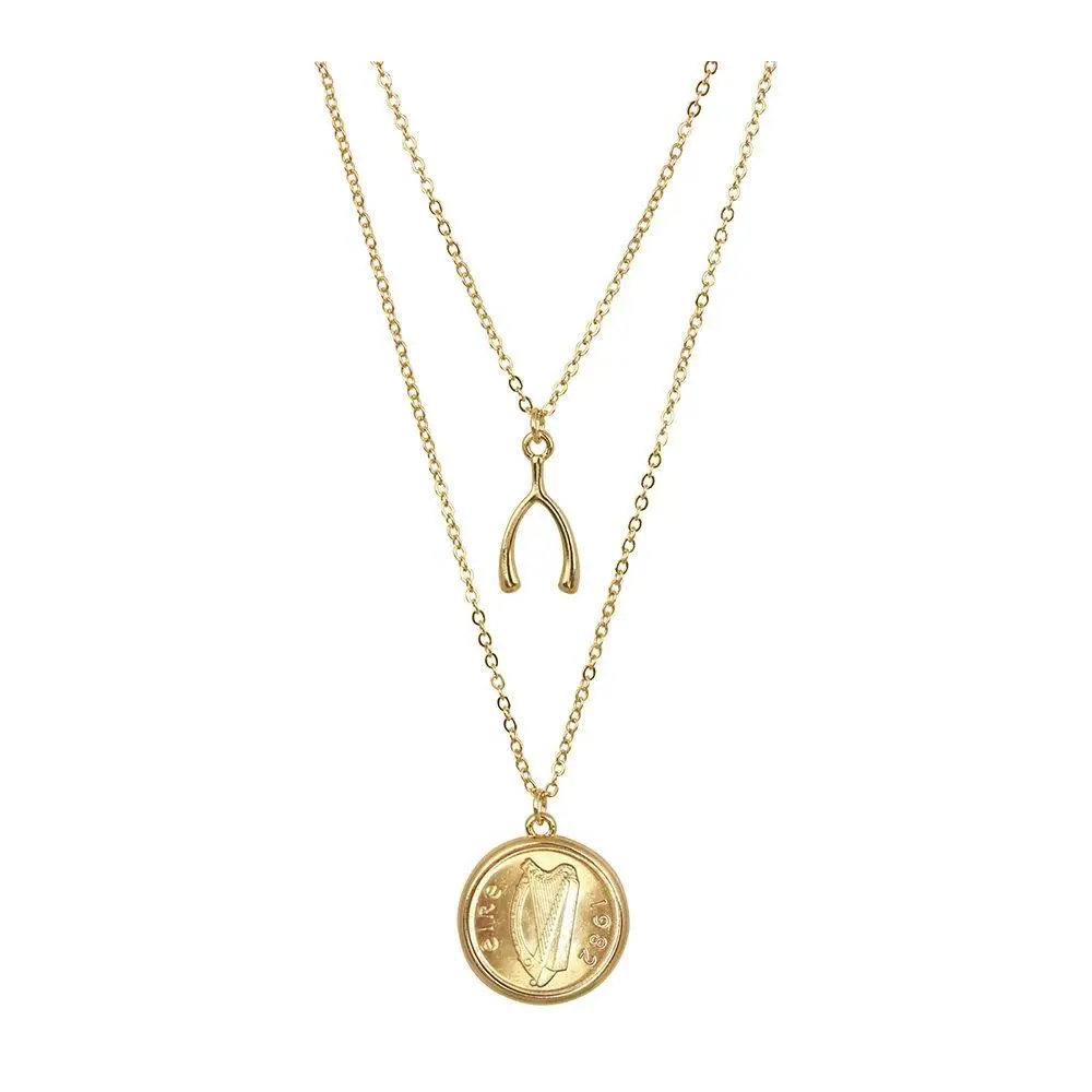 Irish Half Penn y Harp Wishbone Double Chain N ecklace