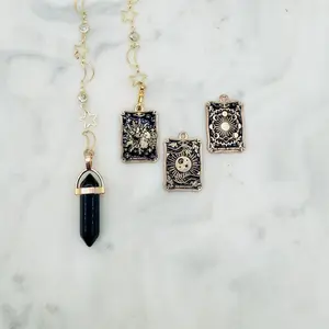 Obsidian Pendulum Stars and Moon Chain with 3 Tarot Charms Past Present Future Reading & FREE Yes/No Pendulum Board Gold Stars Moon Chain
