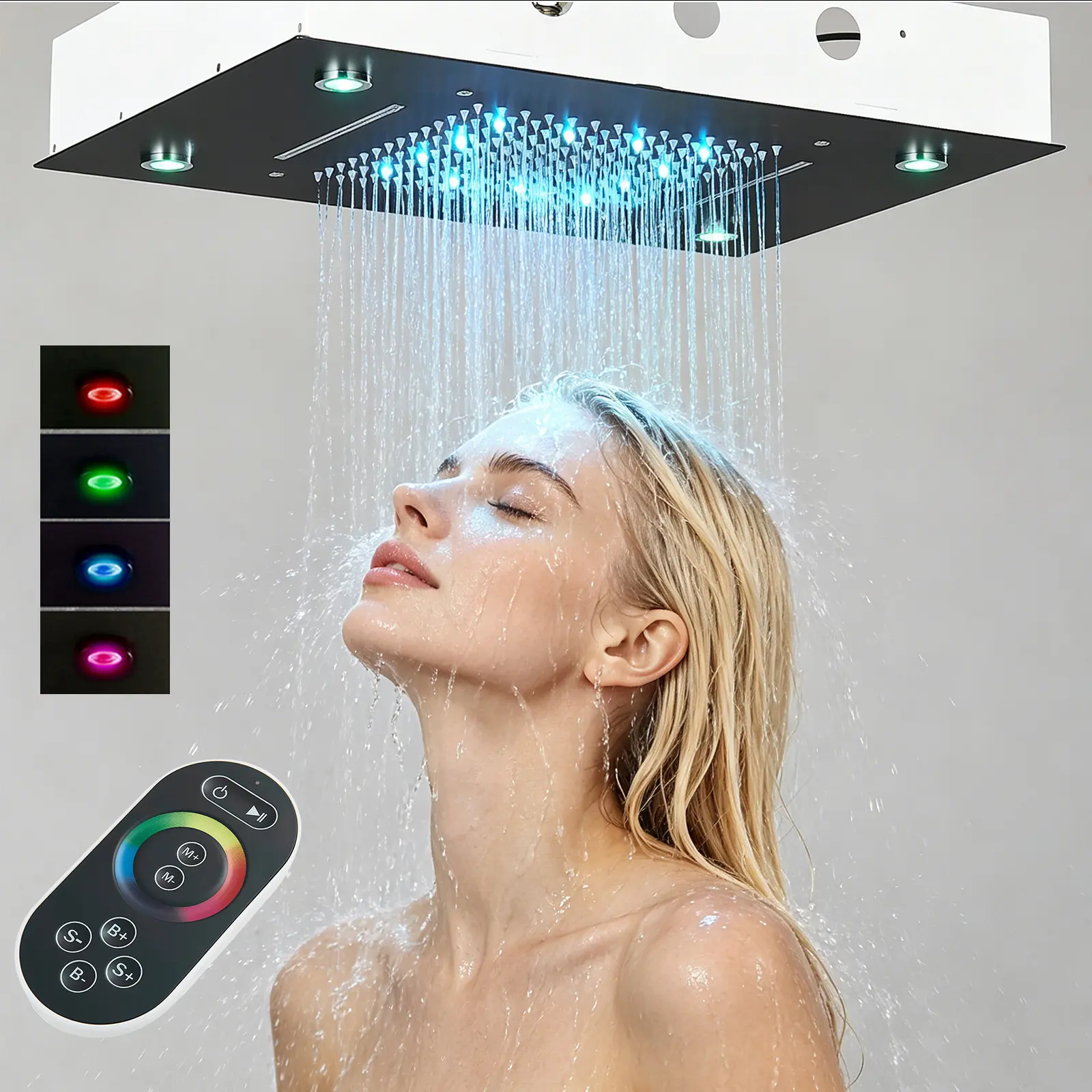Luxury 14X20 Inch LED Rain Shower Head Ceiling Mount Rectangle Embedded Type Overhead With LED Lights Remote Control,Waterfall and Rainfall Shower Head Bathroom Matte Black
