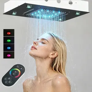 Luxury 14X20 Inch LED Rain Shower Head Ceiling Mount Rectangle Embedded Type Overhead With LED Lights Remote Control,Waterfall and Rainfall Shower Head Bathroom Matte Black