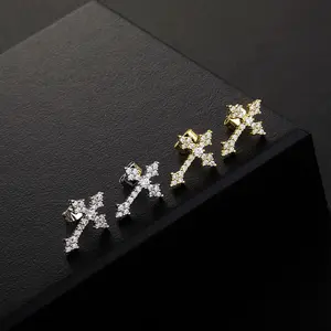 European & American Minimalist Mini Cross Stud Earrings, Micro Paved Zircon Unisex Hip Hop Fashion Ear Jewelry