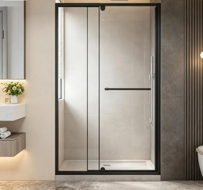 44-48.in W x 72.in H Pivot Shower Door, 1/4 inch Thick Clear Tempered Glass Swing Shower Door with Stainless Steel Handle, Black