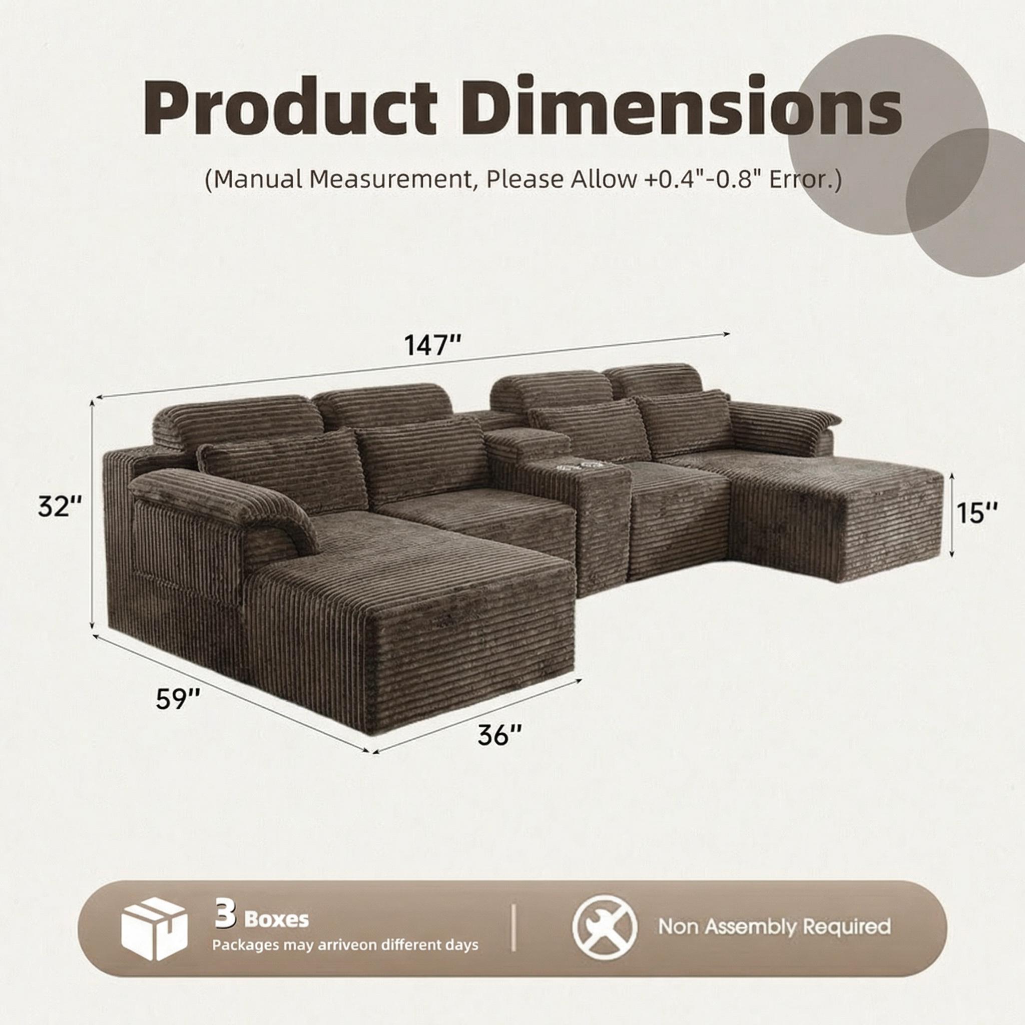 Modern Modular Corduroy Sectional Sofa, L Shaped Corner Couch with Built-in Cup Holders & Movable Ottoman for Living Room Apartment