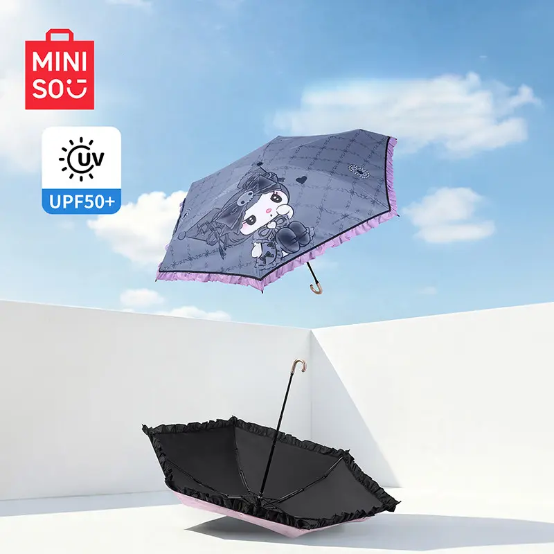 MINISO My Melody & Kuromi Sweet Cool Curved Handle 5-Fold UV Protection Umbrella. Dual Function For Sun And Rain, Lightweight Portable Design For Summer Outdoor Travel, Fashion Sweet Cool Cartoon Appearance. Practical Cute Sunshade And Nice Daily Gift