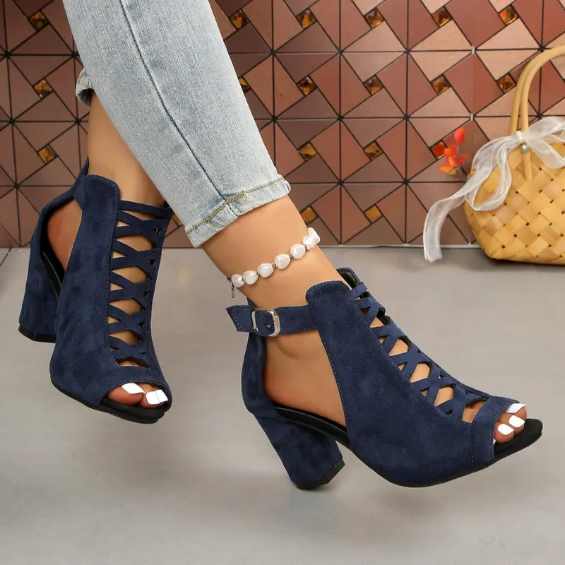Women's Vintage Roman Sandals Summer New One Strap Open Toe Shoes Fashion Hollow Out Design Chunky Heel Casual Textile Rubber Sole Fashionable Heels Elegant Heeled Sandals Bohemian Sandals Casual Trendy Sandals