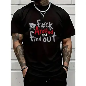 Cotton Men'S Casual  T-Shirt With Boxer Bear Graphic - "FK AROUND AND FIND OUT" Print, Black, Short Sleeve, Round Neck, Machine Washable, All-Season Comfort Golf Gift T-Shirt For Men And Women