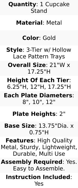 3-Tier Metal Dessert Stand 21" Hollow Lace Round Design Gold - Cupcake Tower and Tiered Cake Display for Events