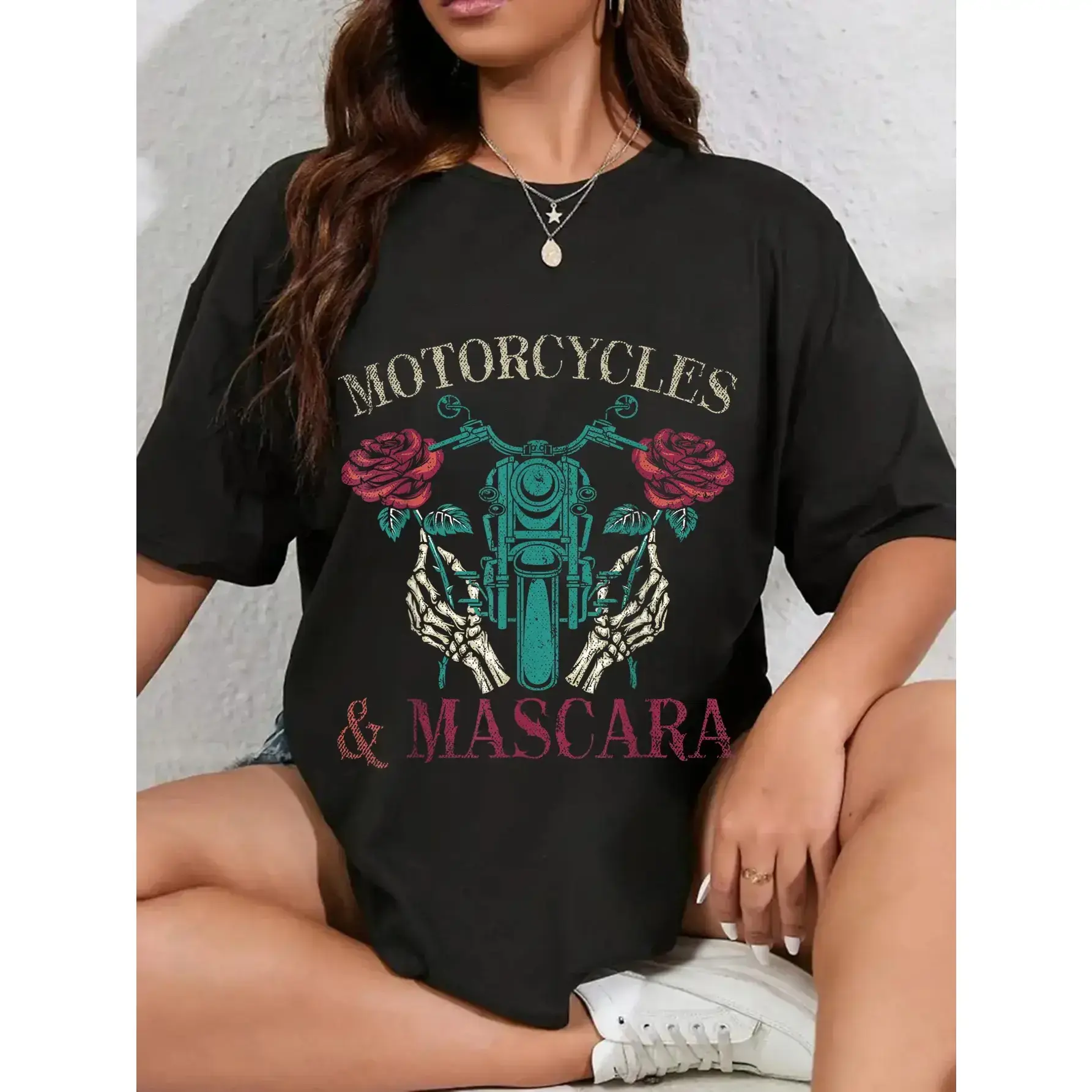 100%25 Cotton Motorbike Riding Women Motorcycles And Mascara Roses Biker T-Shirt 100%25 Cotton Motorbike Riding Women Motorcycles And Mascara Roses Biker T-Shirt