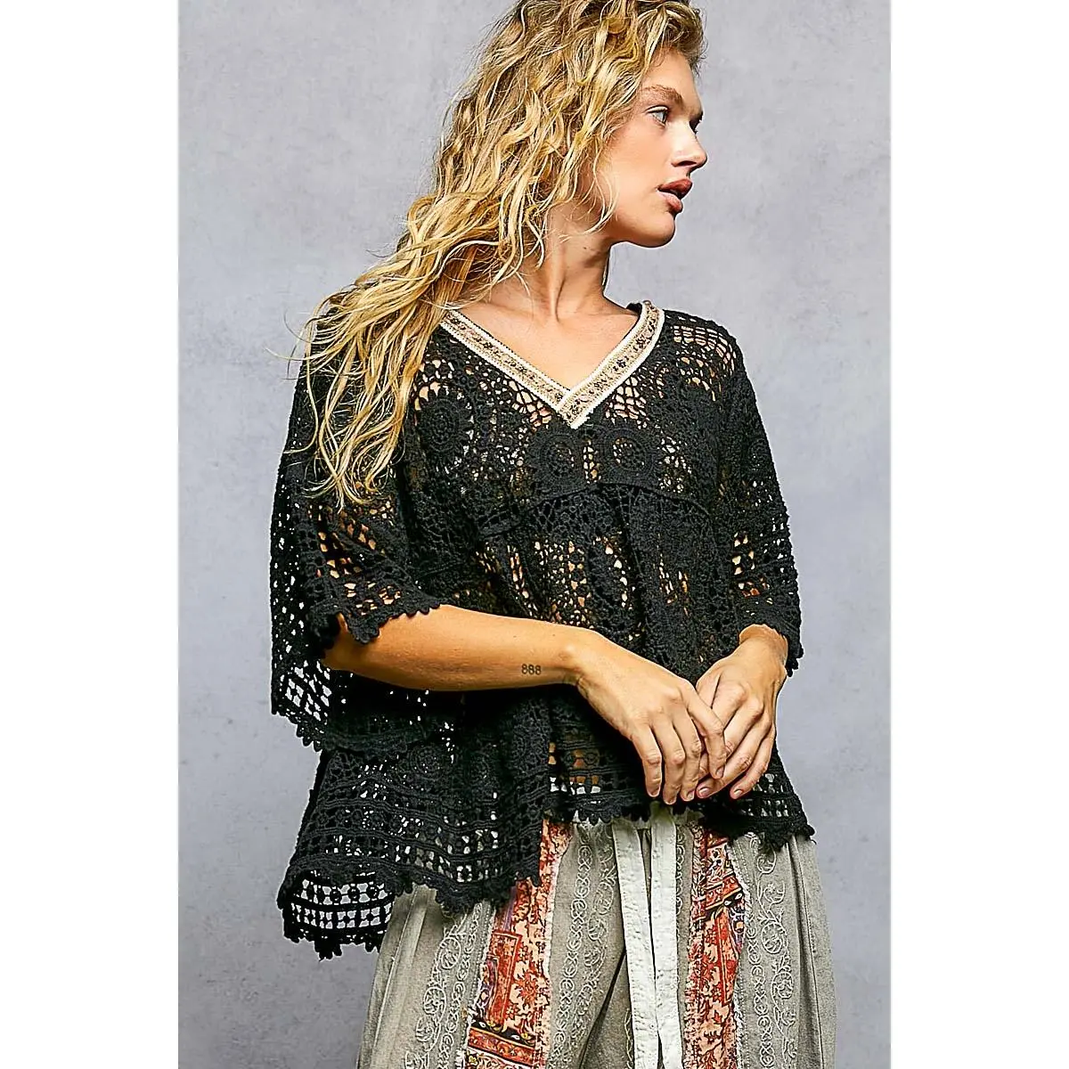 Women's Crochet Blouse with Beading - Black, Fits Women's Shirts Styles