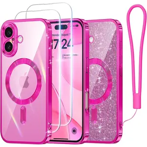 Case Designed for iPhone 16 6.1 inch, [Compatible with] [2X Screen Protectors] [Glitter Card & Wrist Strap] Surround Lens Protection Designed for iPhone 16 Case Girls, Hot Pink