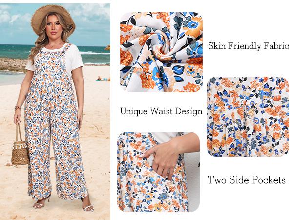 Chulianyouhuo Women's Plus Size Sleeveless Jumpsuit, Casual Bohemian Wide Leg Overalls with Pockets, Loose Fit Polyester Rayon Garment with Square Neck for Necklace, Women's Clothes, Lightweight, Plussize, Jumpsuits For Women