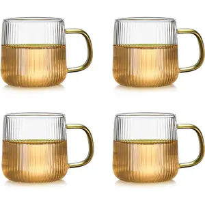 4-Piece Glass Coffee Cup Set with Handle Vertical Striped Tea Cup Coffee Bar Accessories Ice Coffee Cup