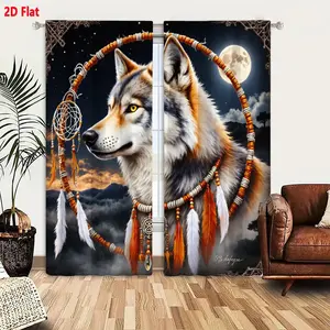 2D Flat  2-Piece Wolf Dreamcatcher Blackout Curtains Set, Gray White Tan Majestic Wolf with Native American Beaded Accessories, Night Sky Full Moon Stars Misty Mountains Design, Nature-Inspired Cultural Artistic Curtains for Bedroom Living Room, Ro