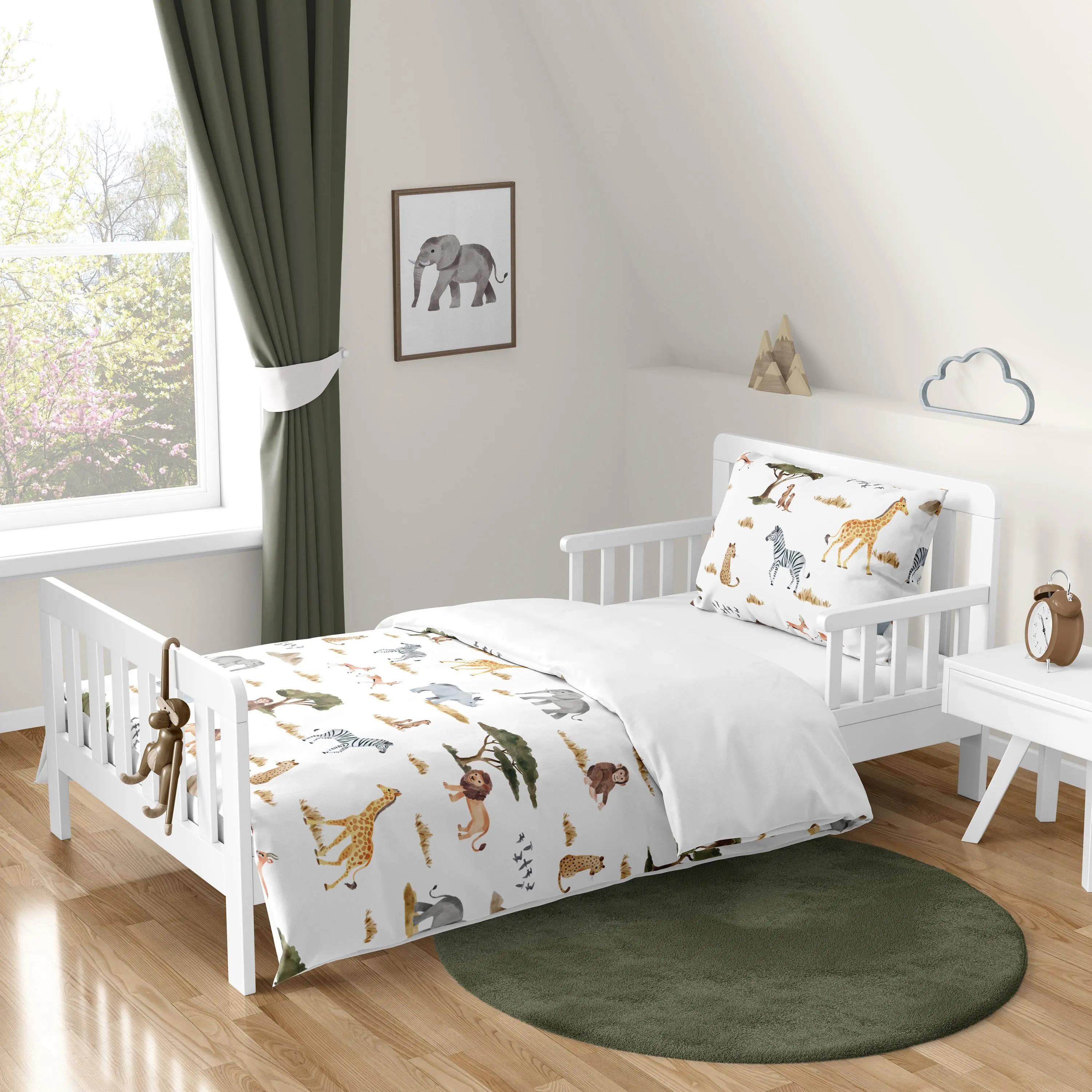 Sweet Jojo Designs Jungle Animals Boy Girl Toddler Kid Bedding Set Childrens 5pc Comforter Hunter Green Yellow Grey Rust Orange Black White Wildlife Safari Animal Elephant Giraffe Lion Monkey Leopard
