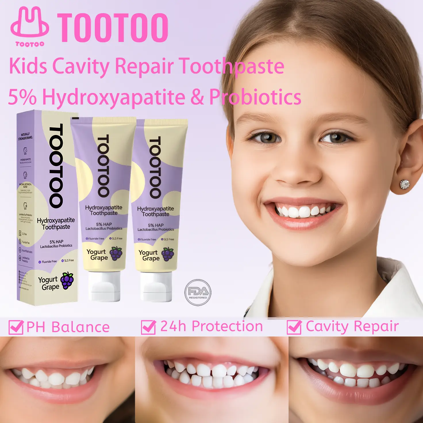 Tootoo Kids Toothpaste Grape Yogurt Flavor with 5% Hydroxyapatite & Probiotics for Better Oral Health Daily Care Routine
