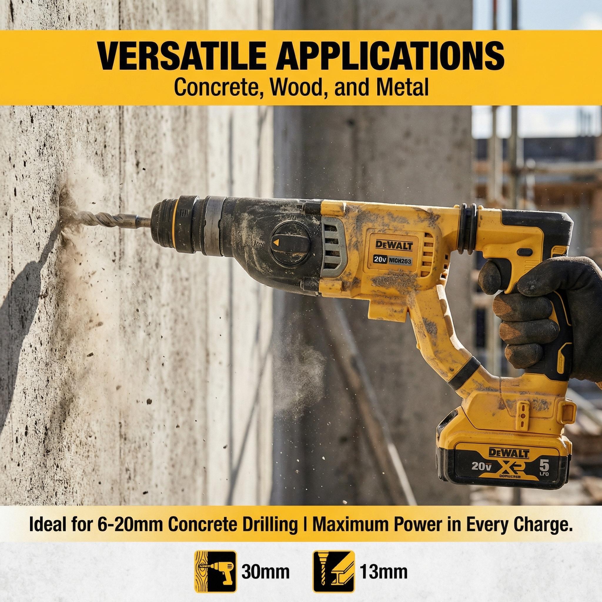 DeWalt DCH263 20V Brushless Rotary Hammer Drill for Concrete and Masonry with 3.0J Impact Power Household Cordless Tool Set Pack Battery Replacement Lithium M18 Wrench High