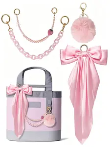 4-Piece Set Style Sweet Strawberry Bag Decorative Accessories, Beads Acrylic Chain Pom Pom Bow Scarf, Bucket Bag Totem Hanging Ornament