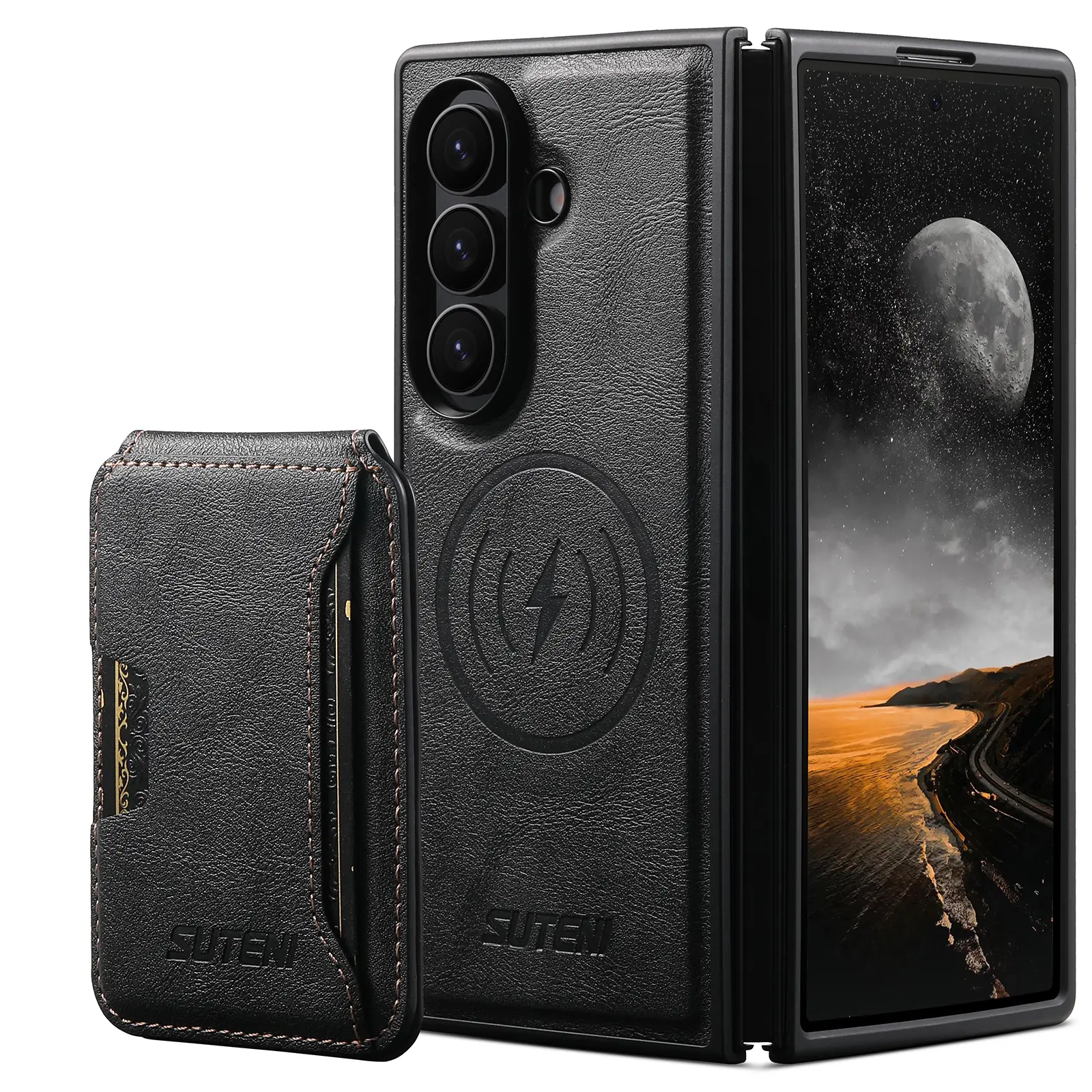Magnetic Case for Samsung  Z Fold 7/6 with 2in1 Detachable Card Holder, Military Protection, Flip Kickstand, Compatible with MagSafe &Wireless Charging, Black Leather Phone Z Fold 7/Z Fold 6